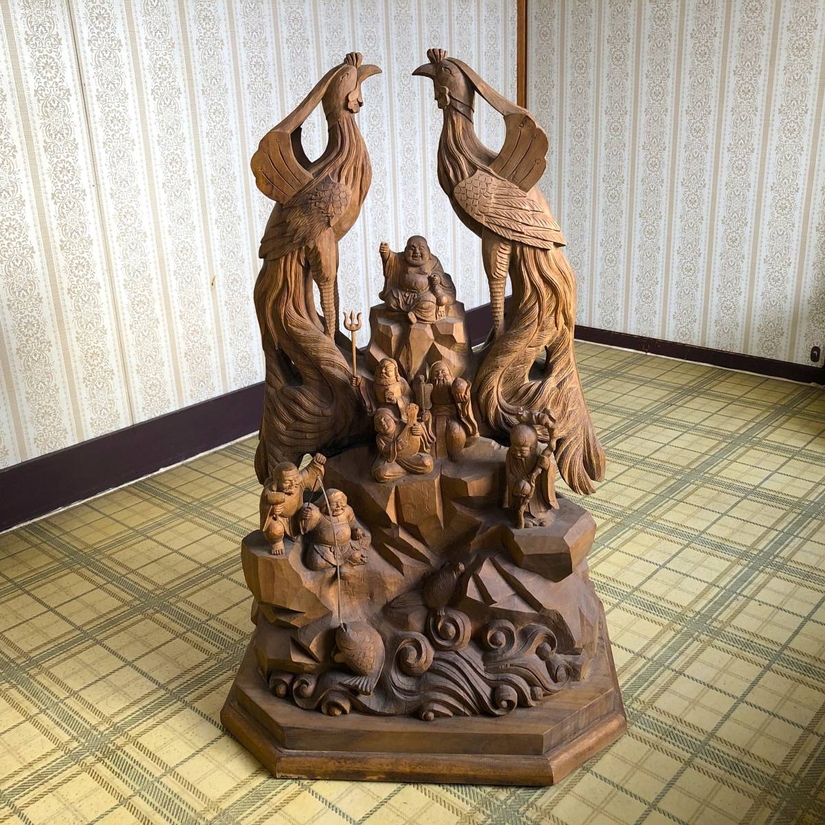 七福神　鳳凰　木彫り　置物　高さ約70cm　重量約14.6kg_画像10