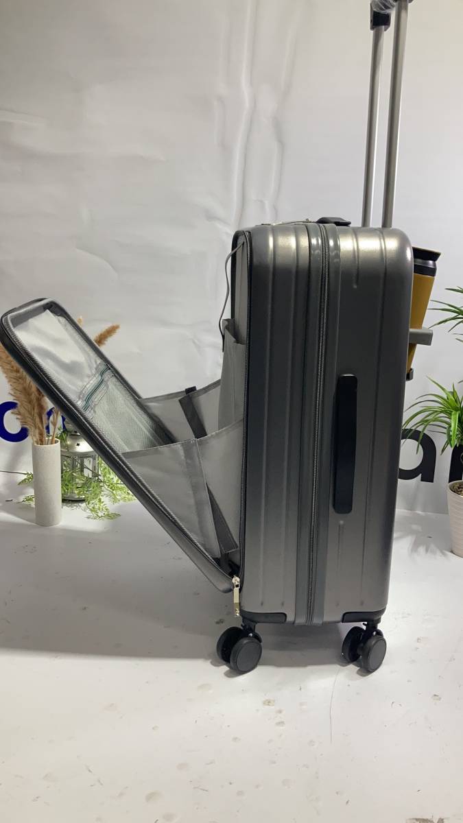 スーツケース USBポート付き キャリーケース Mサイズ キャリーバッグ フロントオープン 軽量設計 大容量 多収納ポケット sc172-24-gy_画像3