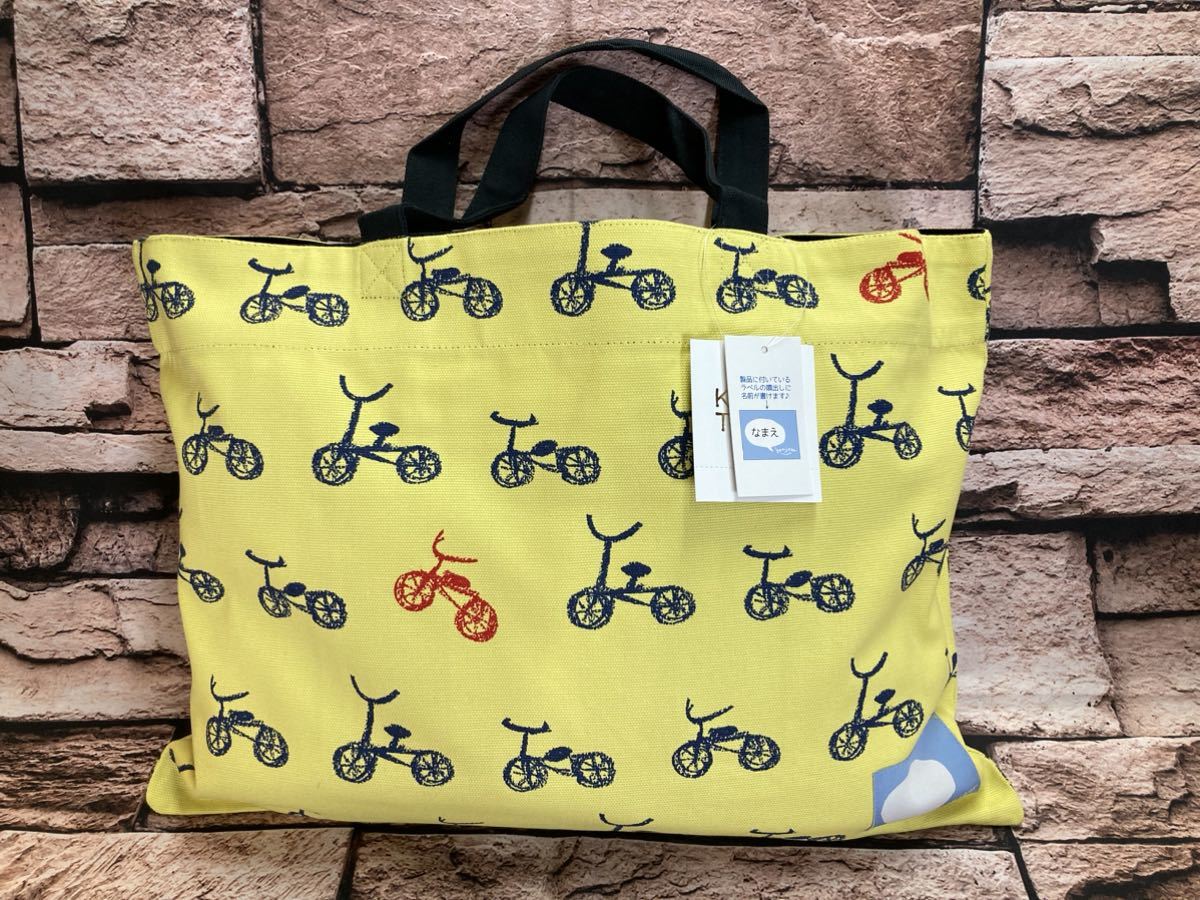 送料無料！お洒落でかわいいレトロ自転車柄の黄色いジュニア ハンプ生地レッスンバッグ１個1,100円が_画像1