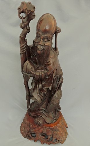 値引 木製 中国 中古 インテリア 置物 彫刻 木彫り 寿老人 福禄寿 桃
