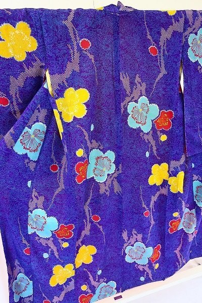 【着物フィ】アンティーク 小紋 青紫 身丈147cm ビビット 大正ロマン レトロ　正絹　仕立て上がり　kimono　15609_画像3