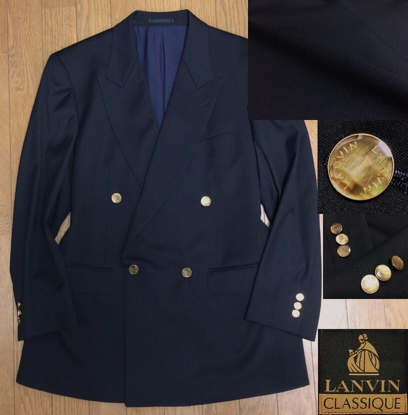 極美品 LANVIN CLASSIQUE ランバン クラシック 高級 ウール地 金ボタン ダブルブレスト 紺ブレザー テーラードジャケット メンズ 48 L_画像1