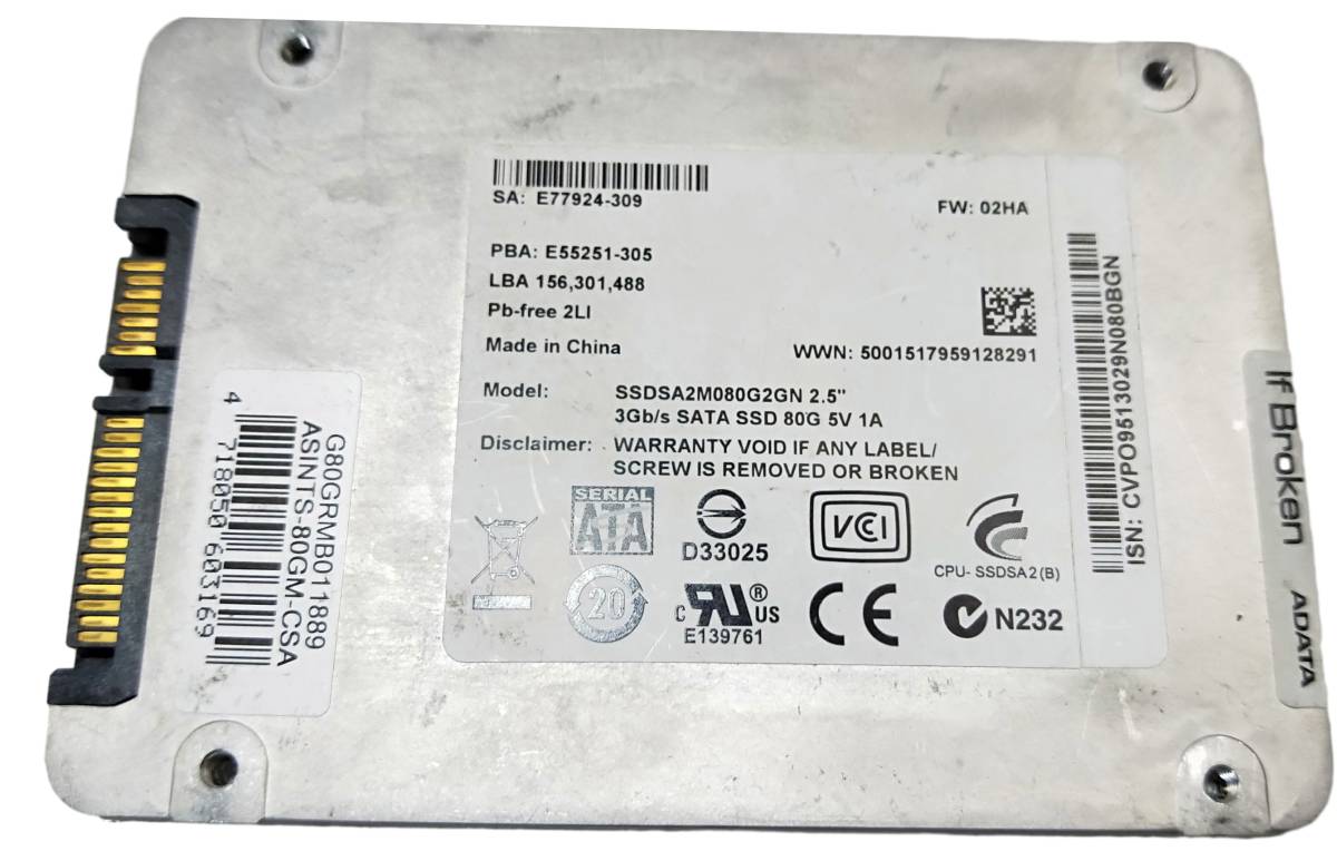 【中古パーツ】2.5 SATA SSD 1台　正常 INTEL SSDSA2M080G2GN 80GB ■SSD02443_画像1