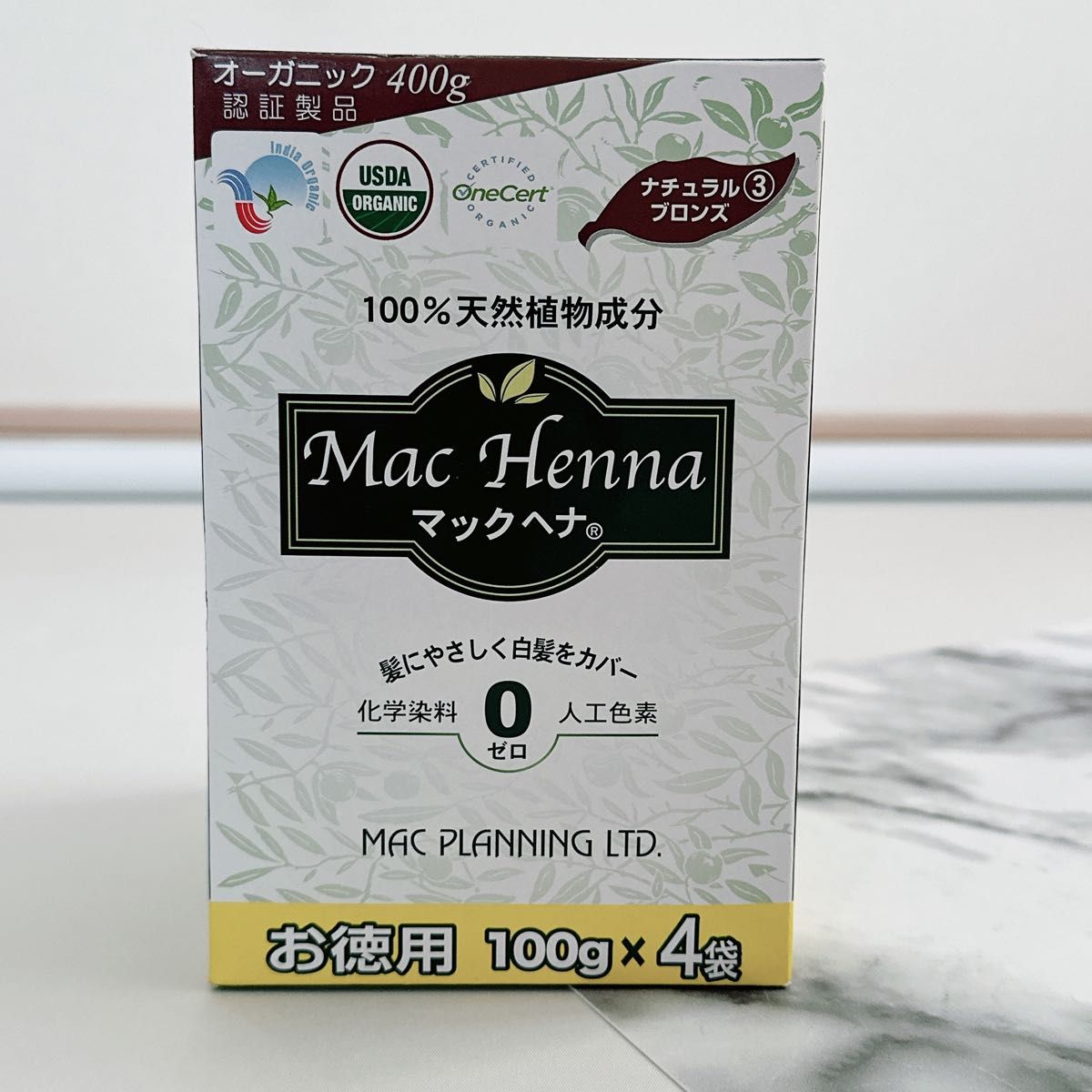 マック ヘナ ナチュラルブロンズ　100g×4袋　（手袋4組・取り扱い説明書付き）