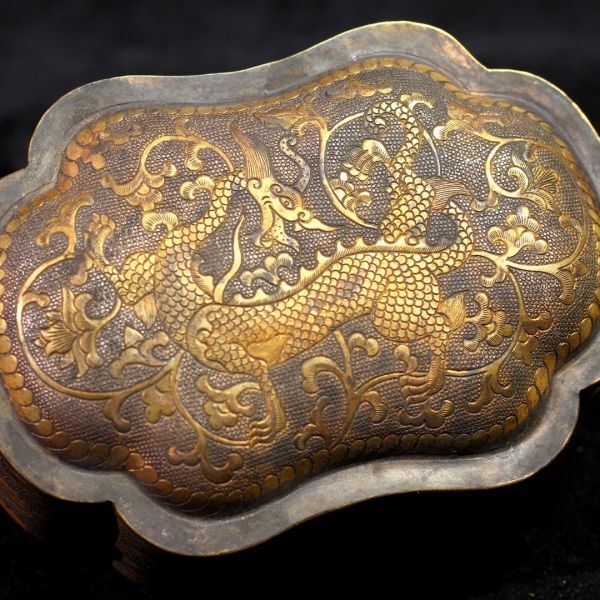 「唐代 古銅彫 塗金首飾盒」旧銅器 置物擺件 賞物 中国古美術 旧蔵出_画像5