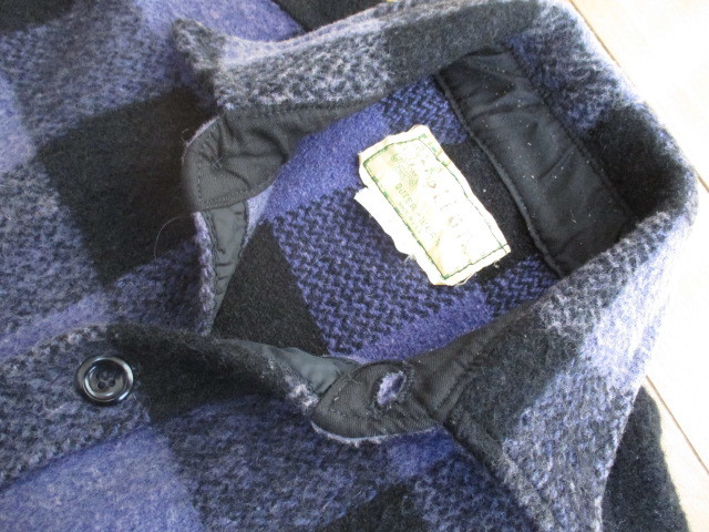 ■70's メルトン/ MELTON ブロックチェック ウールシャツジャケット ブルー系 L表記_画像6