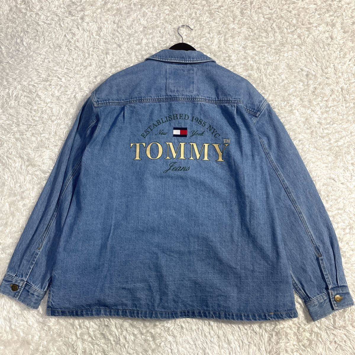 TOMMY HILFIGER『漢の背中』トミーヒルフィガー デニムジャケット 2XL相当 ロゴ刺繍 フラッグロゴ インディゴ カバーオール ジージャン 綿_画像3