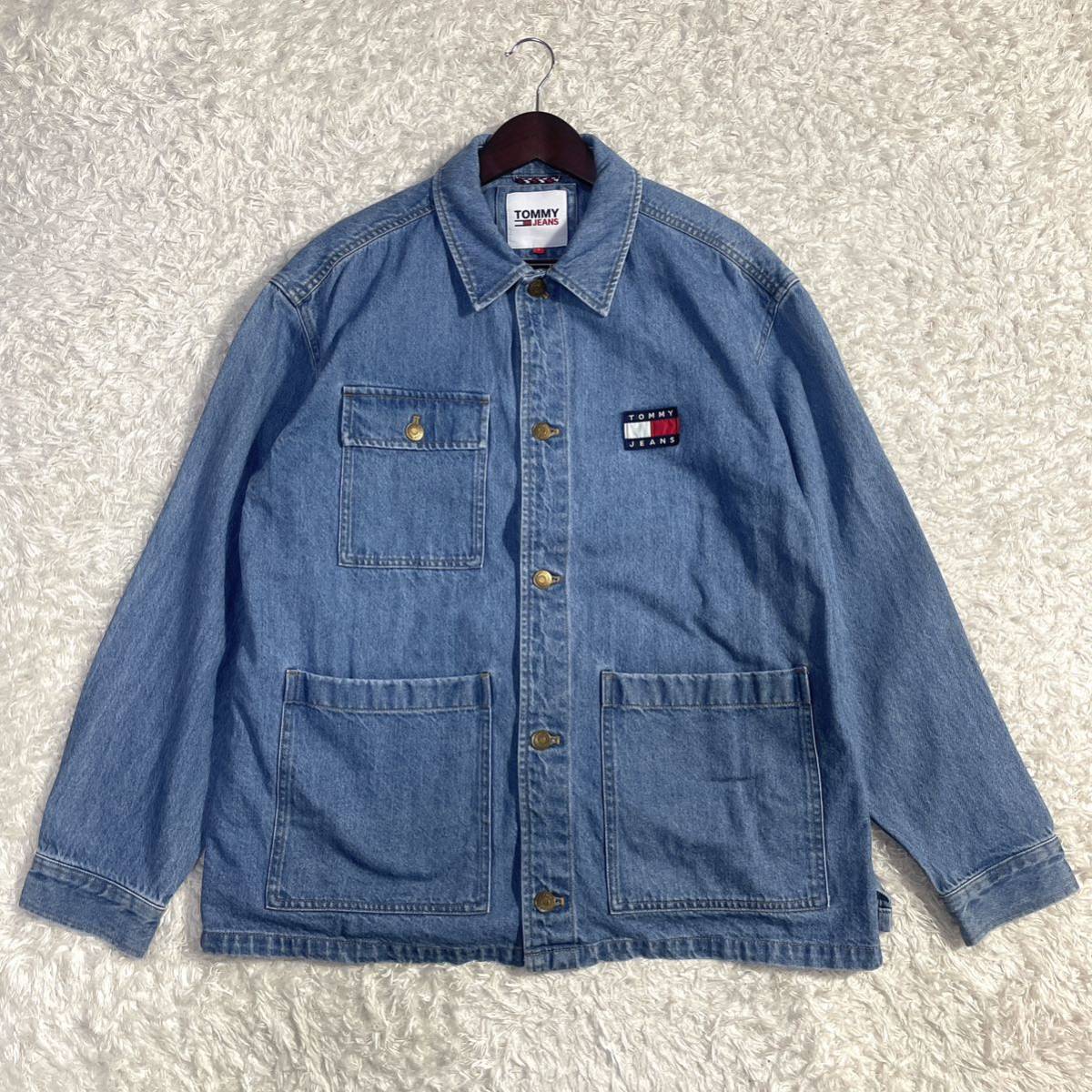 TOMMY HILFIGER『漢の背中』トミーヒルフィガー デニムジャケット 2XL相当 ロゴ刺繍 フラッグロゴ インディゴ カバーオール ジージャン 綿_画像2