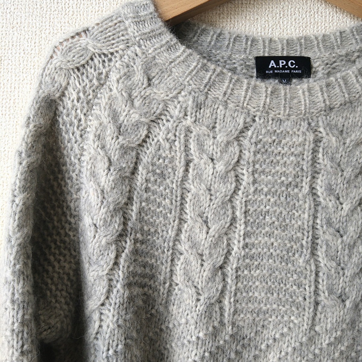 A.P.C アーペーセー アルパカ ウール ケーブル クルーネック ニット セーター M グレー 獣毛 メンズ