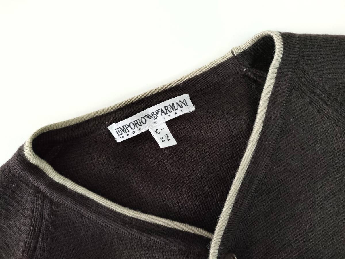  rare 90s Emporio Armani crew neck cardigan trim wool 100% blouson driver's knitted Brown Giorgio Euro VIntage 70s80s