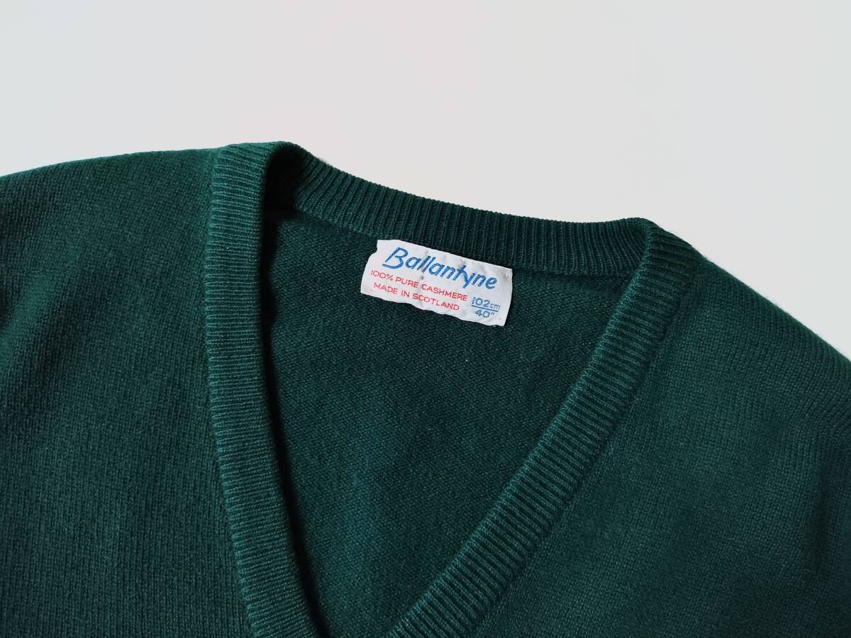 70s80s старый бирка редкий Ballantyne кашемир 100% Scotland производства Hermes OEM V шея вязаный свитер мужской зеленый * UK40 Euro Vintage