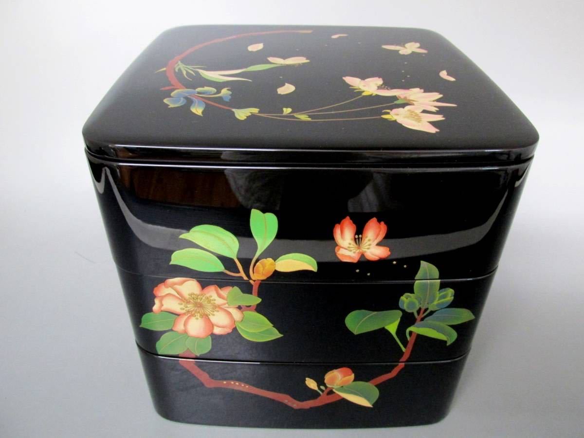 ①極上品 輪島塗 三段重 草花蒔絵 銀座和光購入 \594,000-★未使用品 美品 栞 漆器磨き 桐箱入 石川県輪島市/五島屋謹製 蒔絵師 今井睦子作_画像2