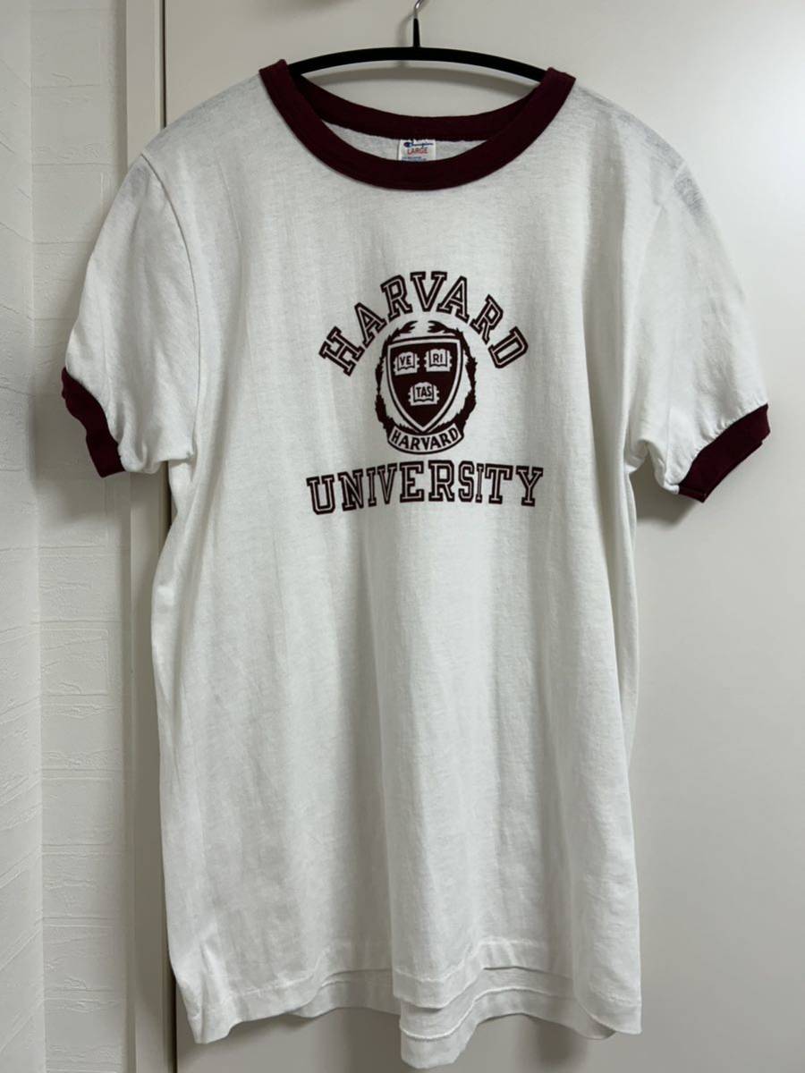 チャンピオン 80s リンガーTシャツ ハーバード大学 染込みプリント MADE IN USA サイズL