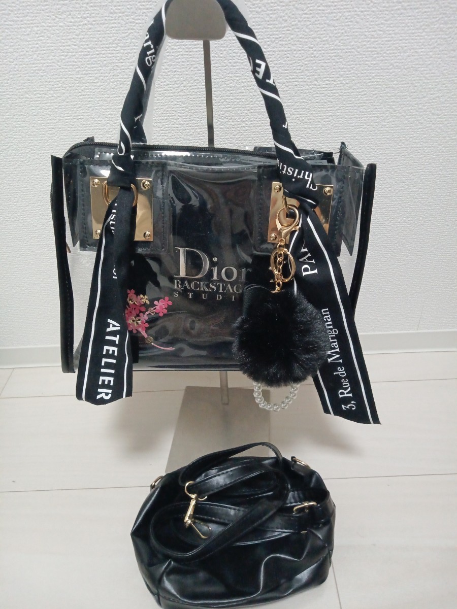 Dior ディオール ショップ袋 ショッパー ブラック新品クリアバッグチャーム、リボン付_画像4