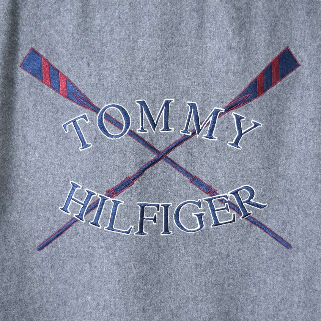 【送料無料】90s トミーヒルフィガー ウールシャツ ボタンダウンシャツ バックプリント刺繍 TOMMY HILFIGER サイズM 古着 @CA1303