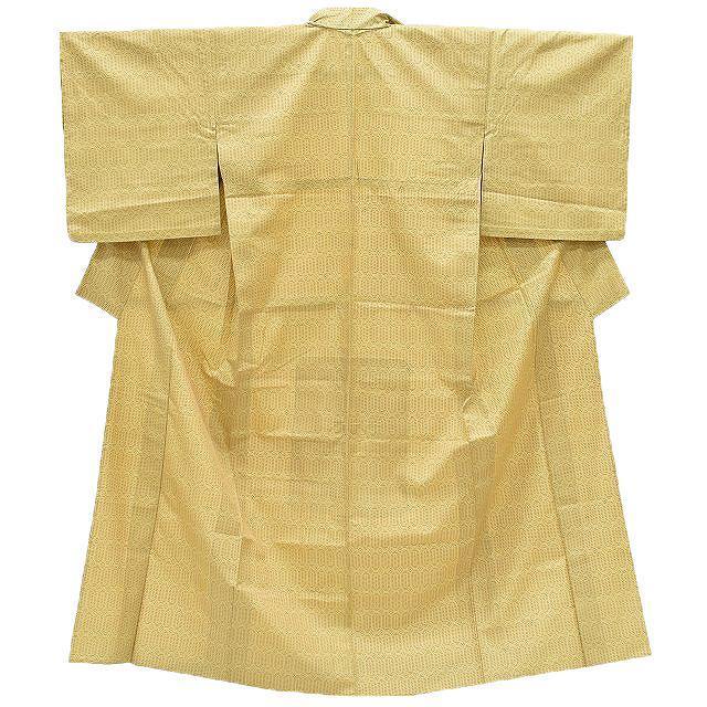 リサイクル着物 紬 中古 単衣 正絹 仕立て上がり 黄色系 幾何学文様 rr0628b
