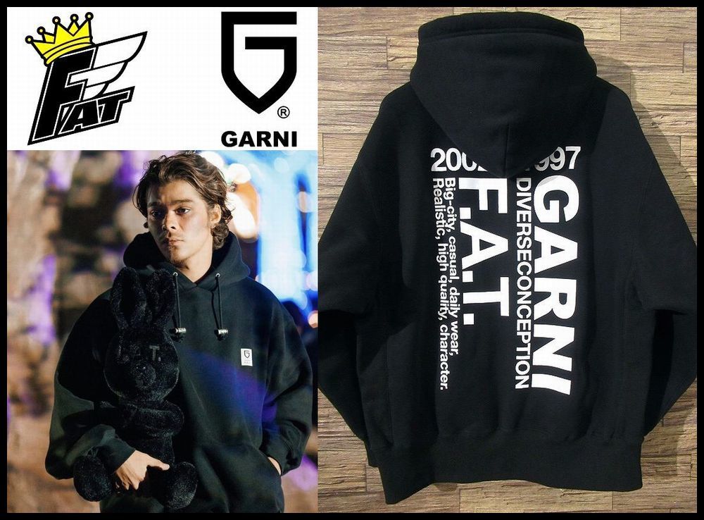 送無 美品 GARNI ガルニ × FAT エフエーティー 22AW 限定コラボ INSCRIBE バックプリント 裏起毛 オーバーサイズ スウェット パーカー_画像1