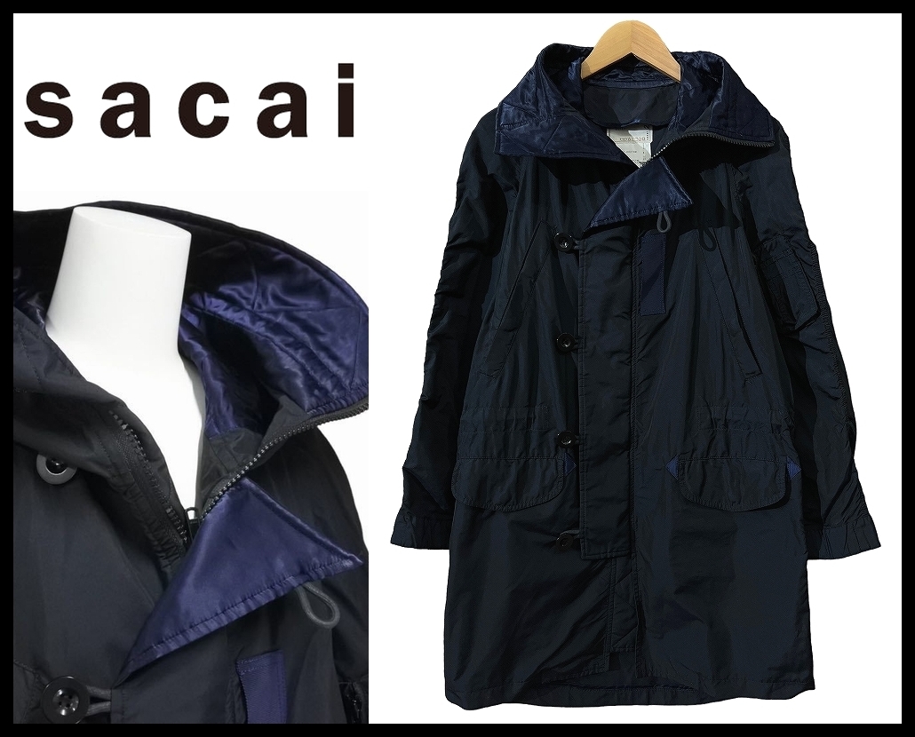 送無 幻の大傑作 美品 sacai サカイ 12ss 12-00279M FABRIC COMBO COAT 絹 シルク 異素材 ドッキング N-3B型 スプリング モッズ コート 紺