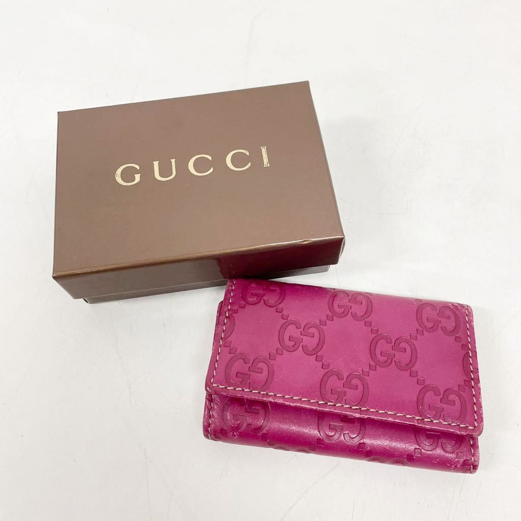 グッチ GUCCI キーケース 箱付き 三つ折り カーフレザー GGシグネチャー ピンク レディース _画像1