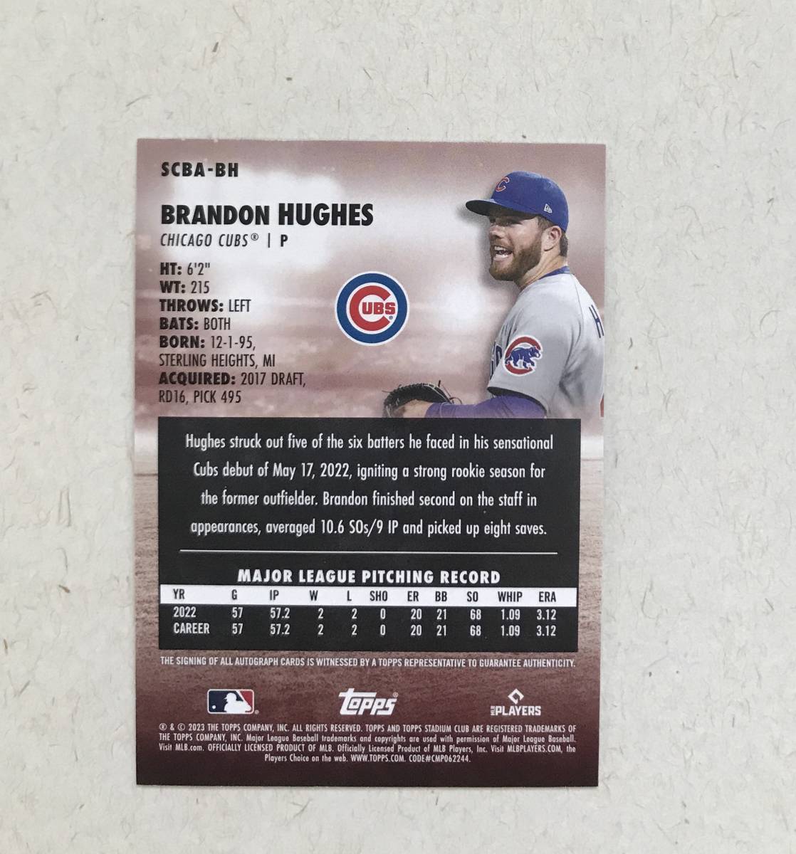 直筆サインカード　ブランドン・ヒューズ　BRANDON HUGHES　カブス　RC　ルーキー　Topps STADIUM CLUB　 2023 BASEBALL　MLB_画像2