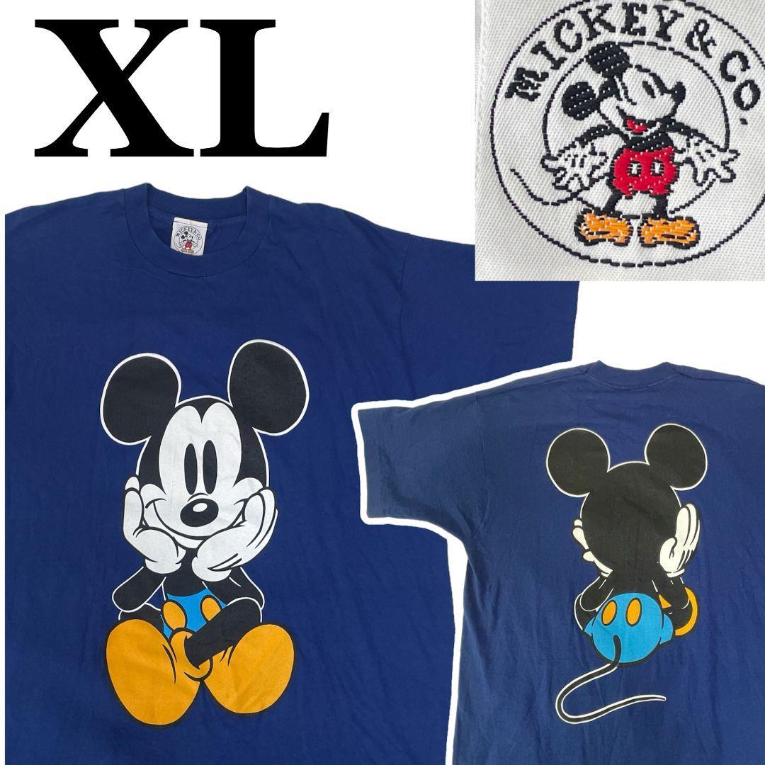 【超レア】90'S Disney　青パン　お座りミッキーTシャツ 　ＸＬ　ブルー　ネイビー　美品希少