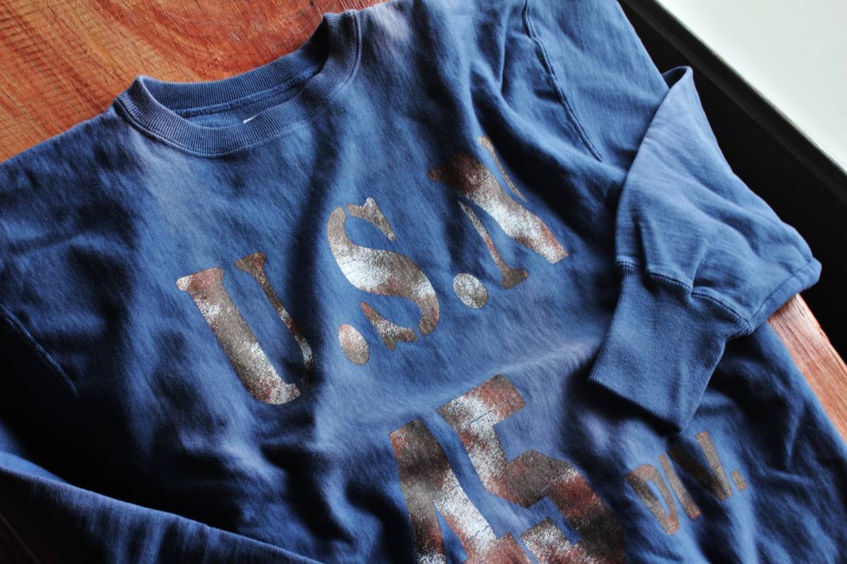 HOUSTON(ヒューストン)★　ミリタリー/スウェットシャツ/U.S.N新L NV日焼けダメージ加工★RRL★デッドストック