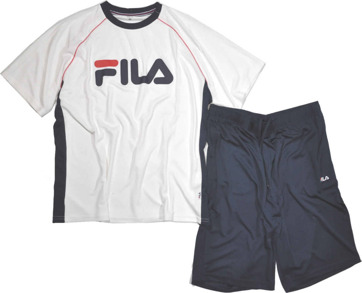 [フィラ] FILA Tシャツ上下セット 大きいサイズ　丸首T＆ショートパンツ 吸水速乾　 3Lサイズ　01白ｘ紺 　FM6135_画像1