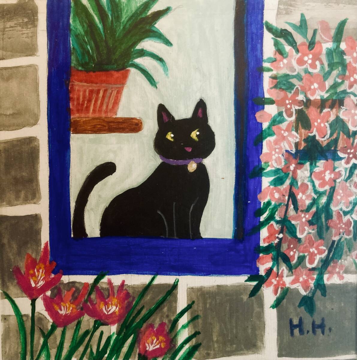 黒猫のイラスト　ヨーロッパの窓　直筆 アクリル画 クロネコの絵 ハンドメイド_画像2