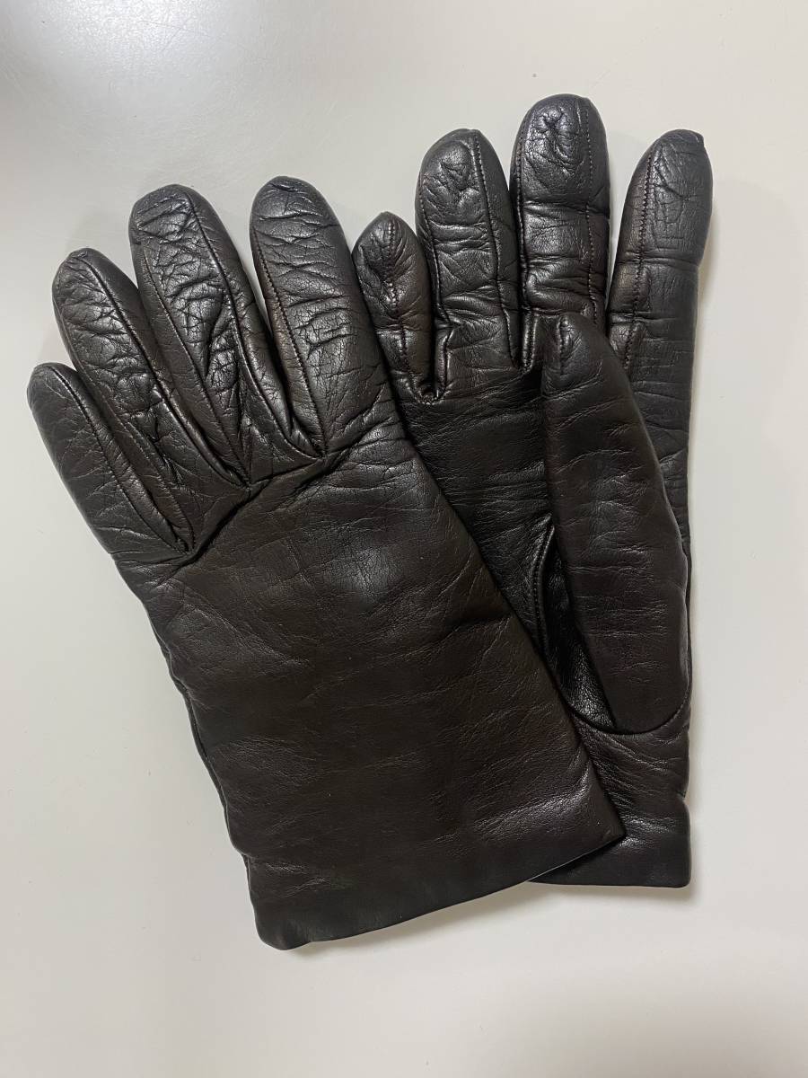 [ used ] Italy CERUMO ne-ta lady's leather glove dark brown leather gloves size 7 cashmere lining SERMONETA GLOVES