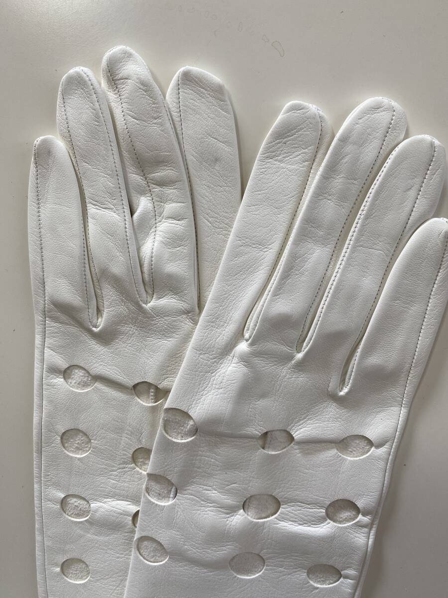 [ beautiful goods ] France made PERRIN PARIS propeller n lady's leather long glove white leather gloves lining less size 7