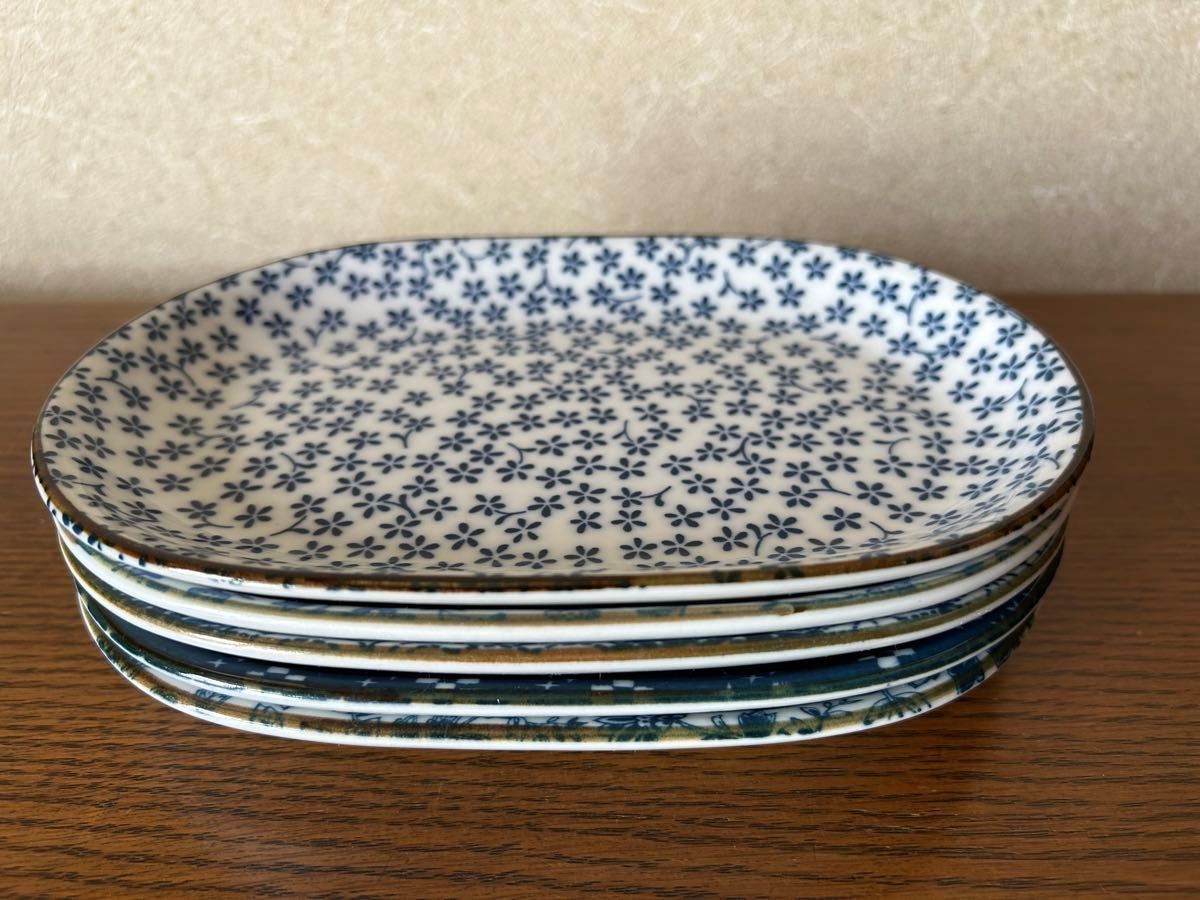 和食器 取皿 銘々皿 藍染紋様 柄違い 楕円形皿 5枚 