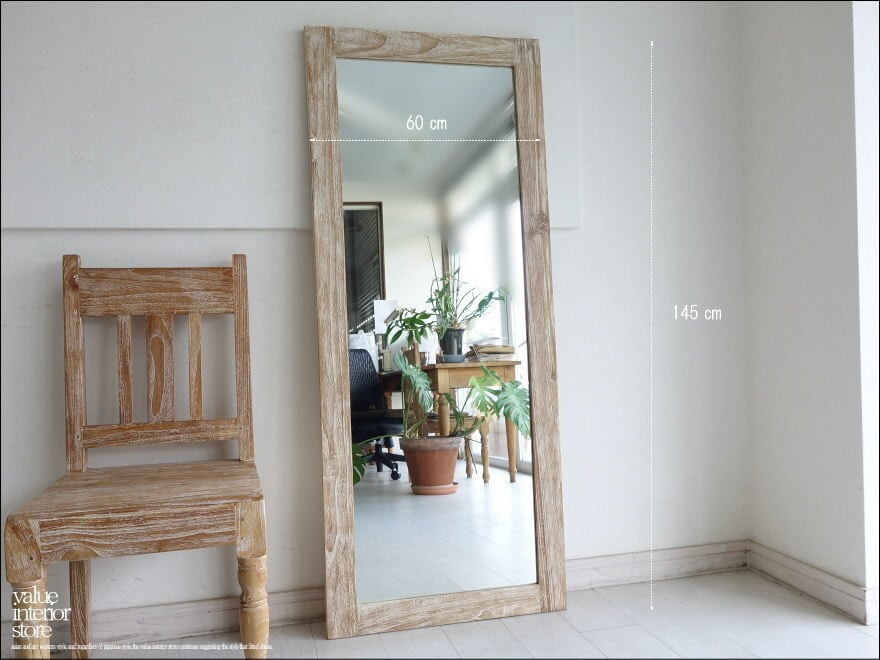 チーク無垢材 ミラーWW 姿見 鏡 全身鏡 壁掛け 大型 ナチュラルホワイト 無垢材家具 エイジング仕上げ シャビー W60xH145cm_画像7
