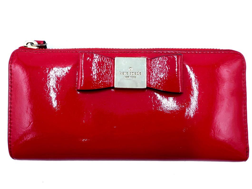 kate spade ケイトスペード パテントレザー リボン ラウンドジップ 長 財布 赤 ■■ ☆ eba6 レディース_画像1