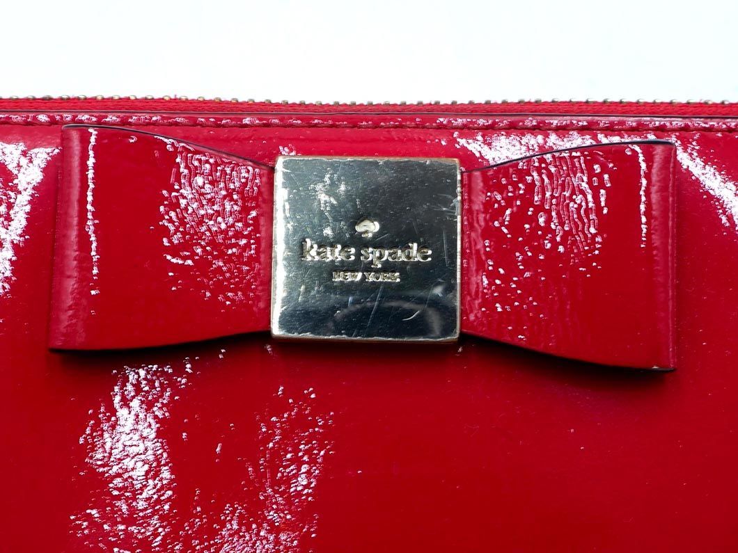 kate spade ケイトスペード パテントレザー リボン ラウンドジップ 長 財布 赤 ■■ ☆ eba6 レディース_画像5