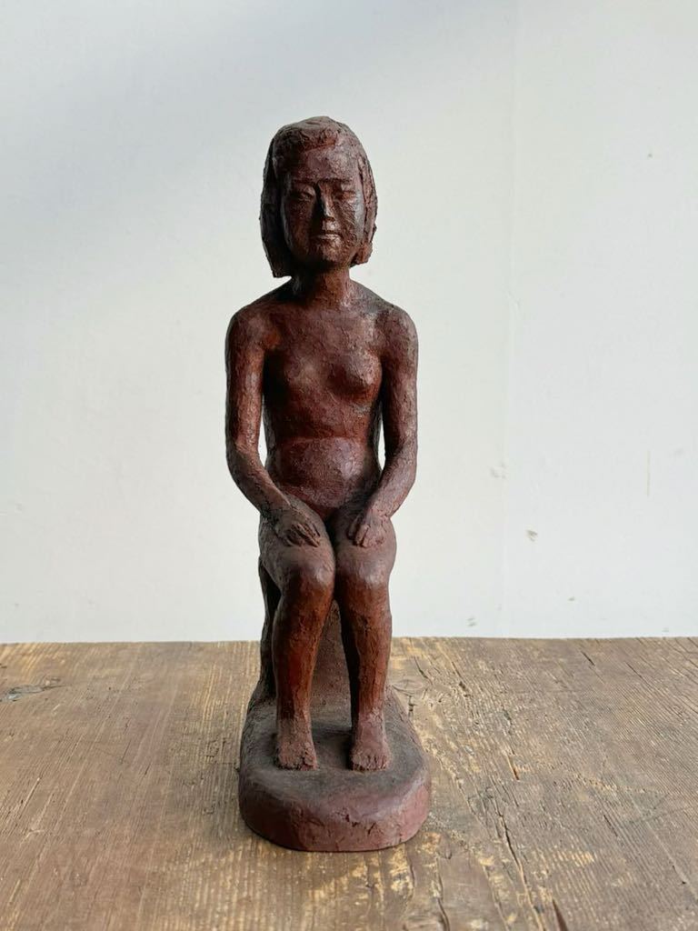 美術家 小柳津三郎 乾漆 少女像 裸婦像 昭和25年 置物 木彫 オブジェ 共箱入_画像4