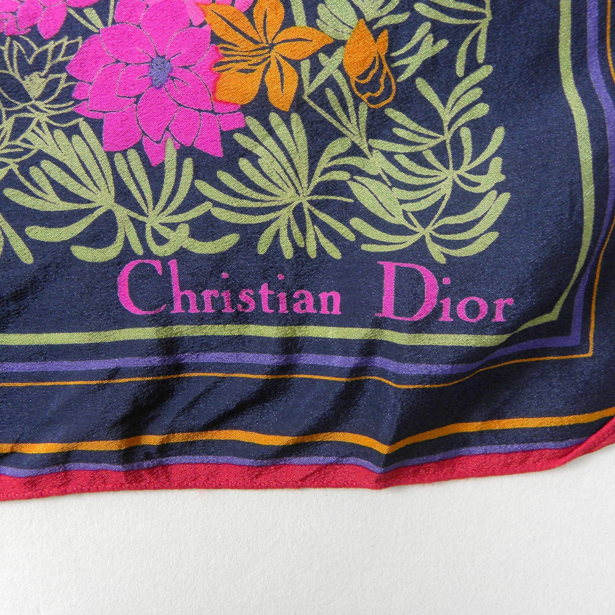 クリスチャンディオール Christian Dior 花柄ハンカチ スカーフ スクエア ネイビー オールド ヴィンテージ g0214-1_画像3