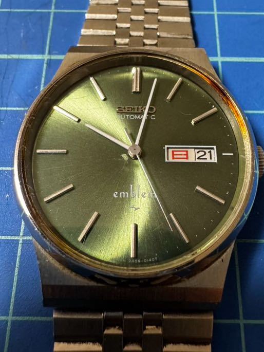 美品 SEIKO 腕時計 自動巻き エンブレム 2409-0140T 530257 シルバー 盤面 緑_画像1