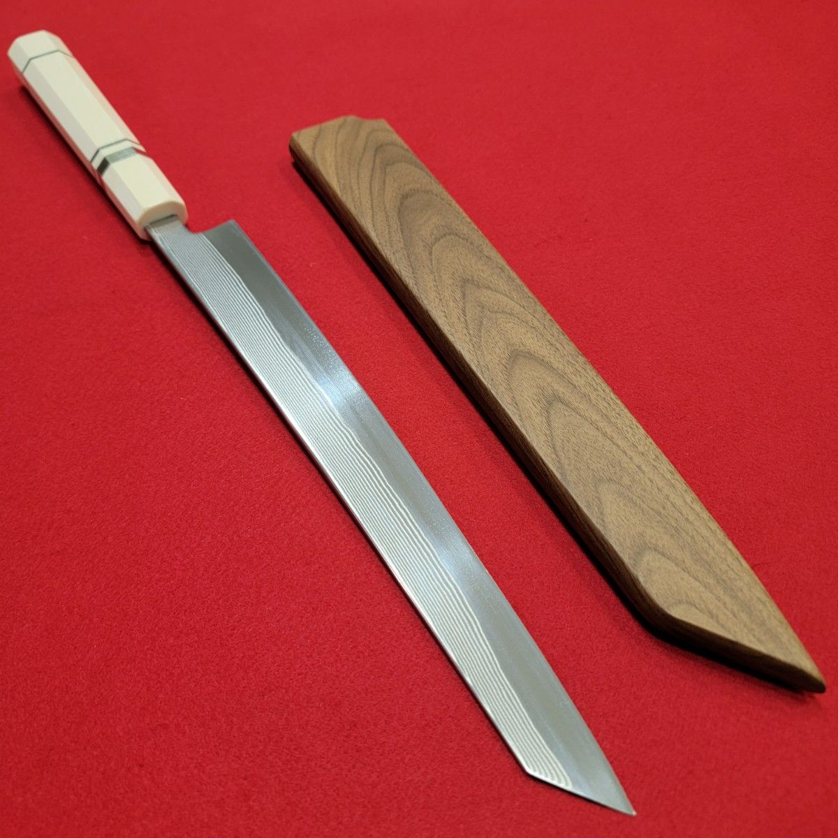 V金10号ダマスカス切り付け柳刃包丁 九寸270mm 反り刃黒打ち槌 V金10号ダマスカス切り付け柳刃包丁 九寸270mm 反り刃黒打ち槌