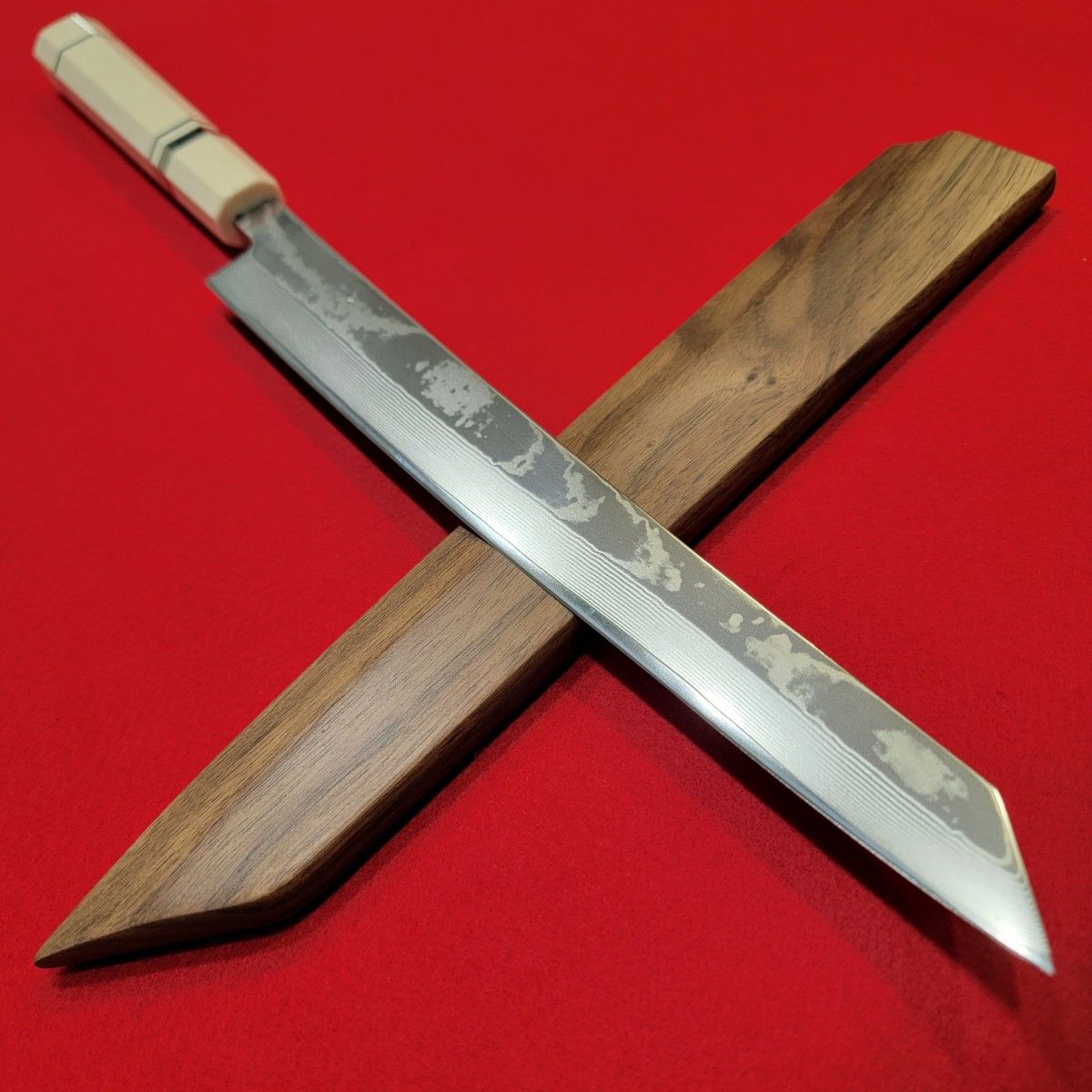 V金10号ダマスカス柳刃包丁 九寸270mm 黒打ち槌目仕上 両刃 V金10号ダマスカス柳刃包丁 九寸270mm 黒打ち槌目仕上 両刃