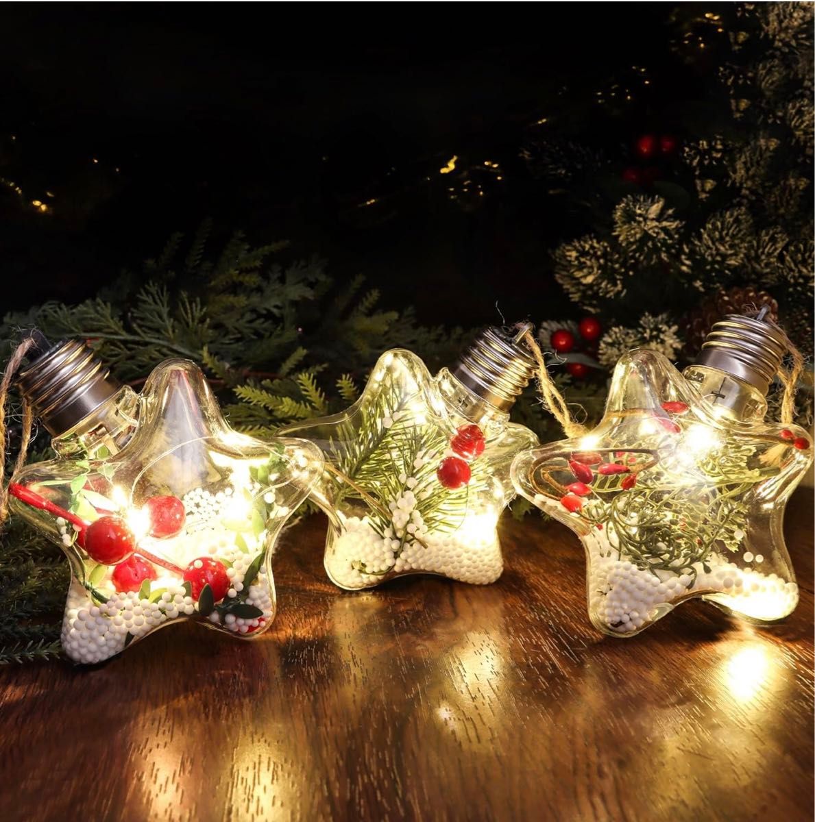クリスマスツリー 飾り オーナメント 透明発光 LEDライト付き 3個