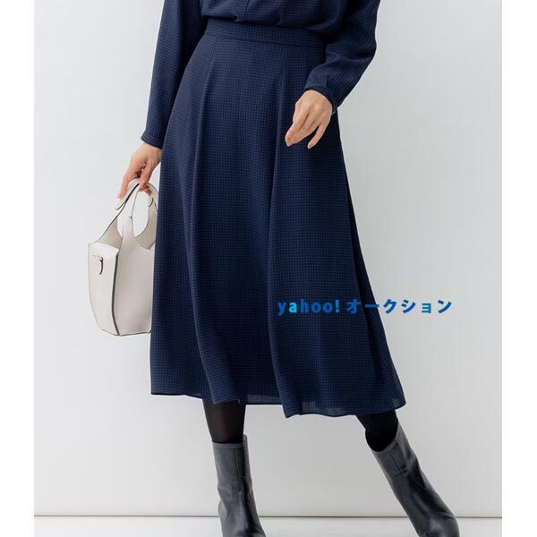 23区【洗える】バックサテンアムンゼン千鳥プリント スカート 紺38サイズ(Ｍ)新品