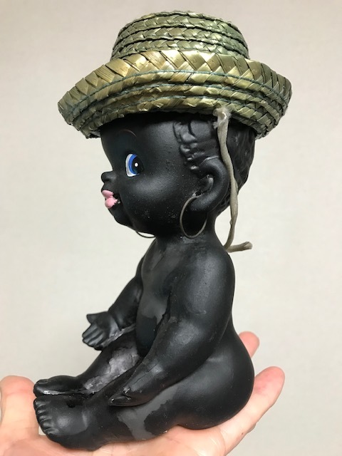 当時物 1960年代頃 加藤工芸 日本製 陶器製 くろんぼの男の子 麦わら帽子付 19ｃm アクセサリートレイ クロンボ メルヘン 昭和レトロ 希少_画像6