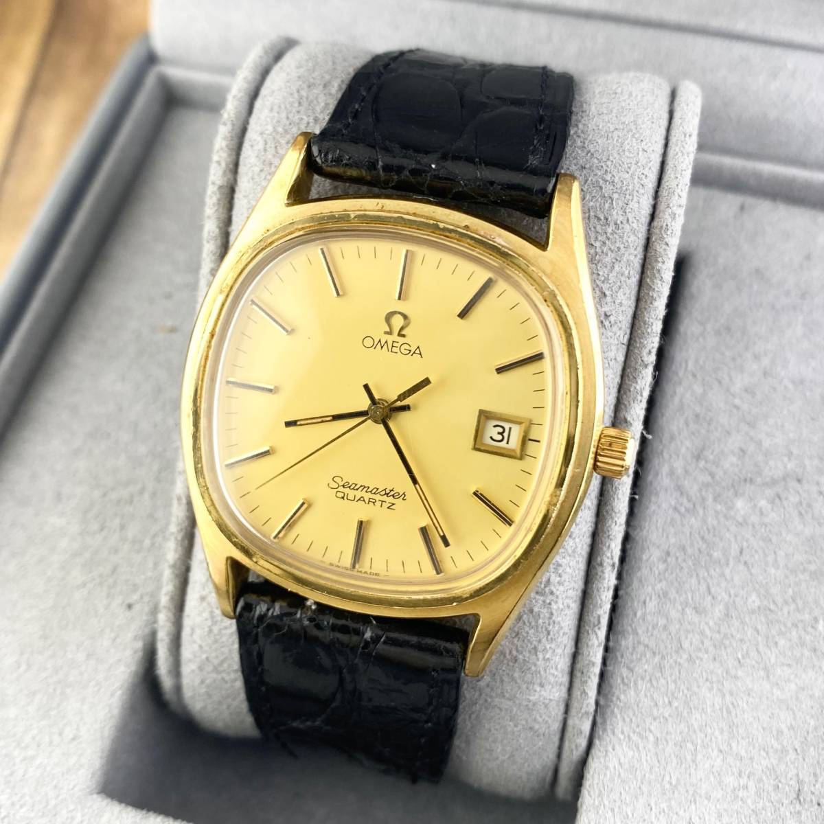 【1円〜】OMEGA オメガ 腕時計 メンズ SEAMASTER シーマスター ゴールド文字盤 スクエア アンティーク デイト 訳あり 可動品_画像2