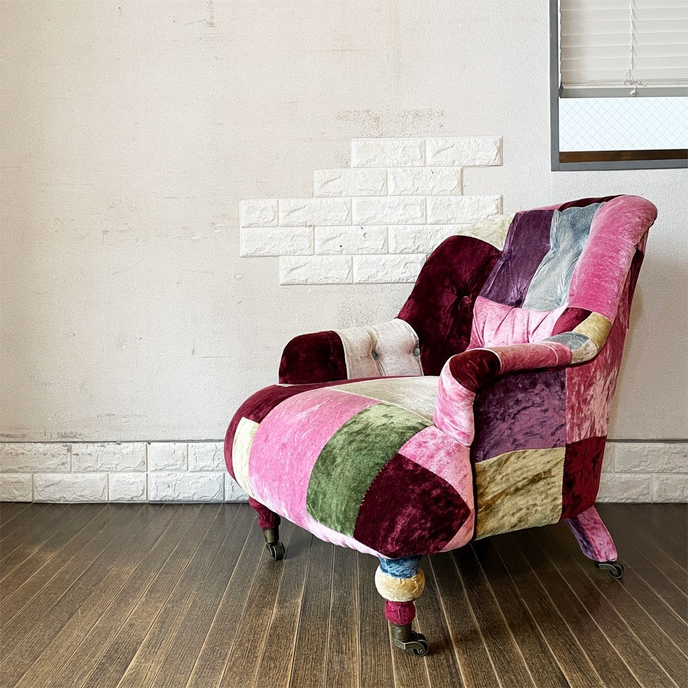 ◎ ハロ HALO アンチェア ANNE CHAIR ベルベットパッチワークボヘム 1人掛けソファ ラウンジチェア 英国家具 定価¥203,500-