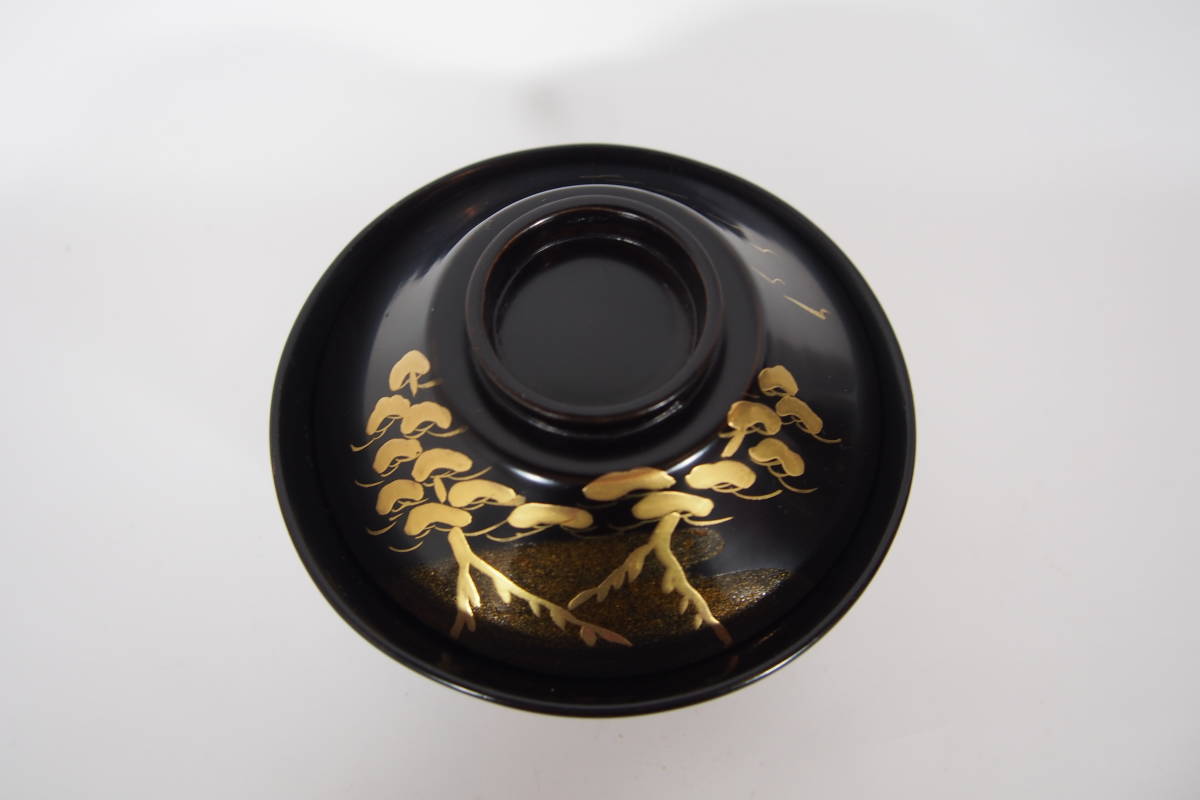 木製　黒塗　　富士型　松の絵　吸い物椀　　六客　　　　　懐石　　　茶道具　　24　209－10－2_画像6