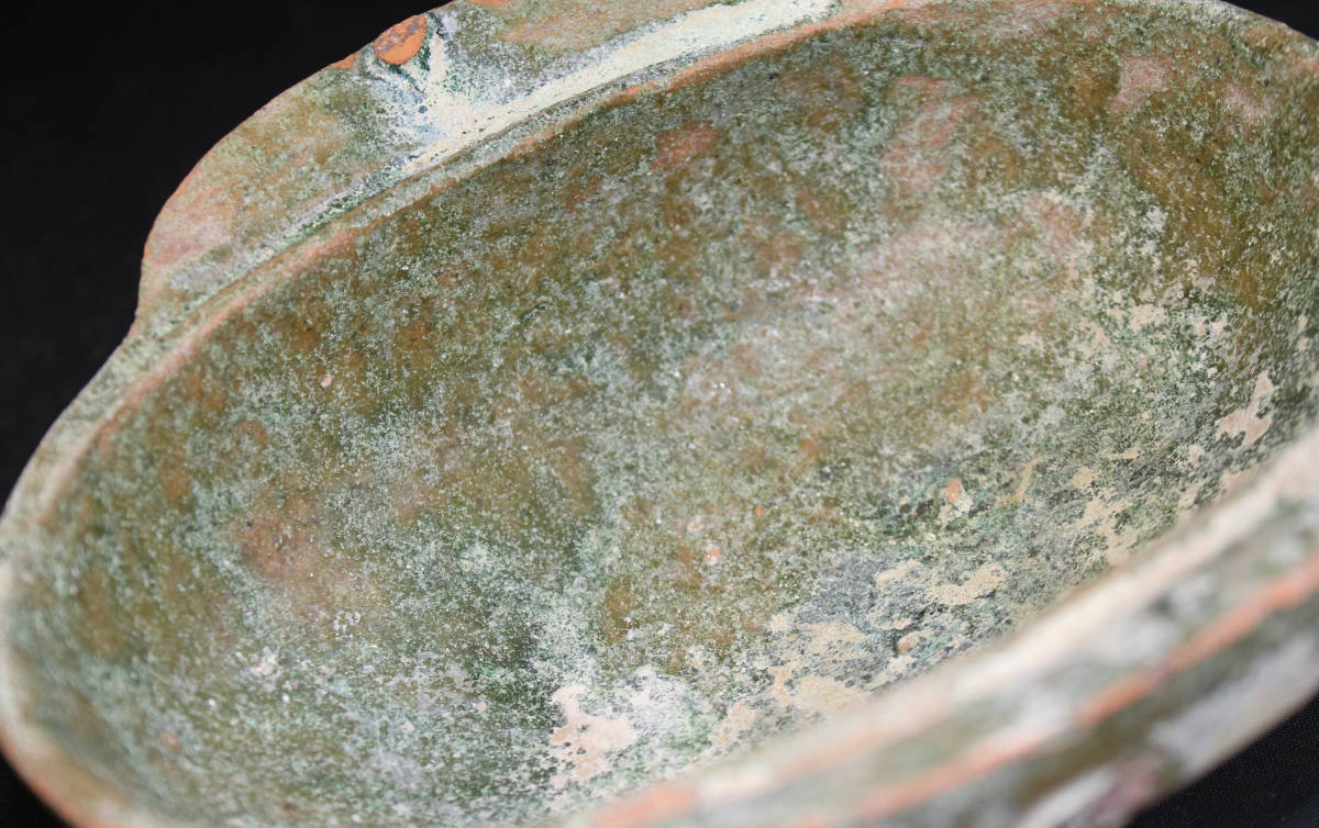 中國文物　古陶磁器　漢代　緑釉耳盃+レンゲ　銀化物　ＹО_画像3