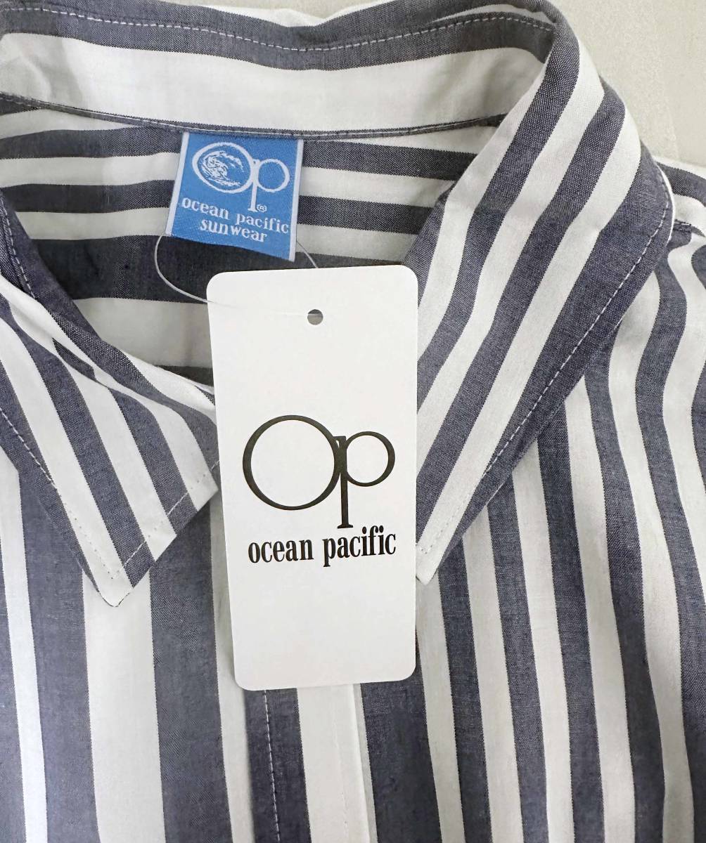 新品 M ★ オーシャンパシフィック シャツワンピース ロング 長袖 ネイビー Ocean Pacific ランダム ストライプ コットン ワンピ ゆったりの画像5