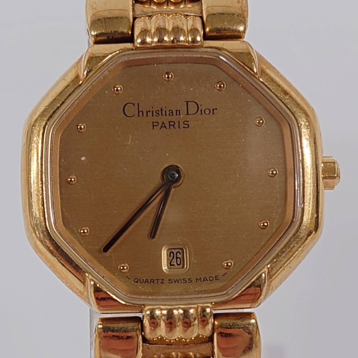 1円~【実動】Christian Dior クリスチャンディオール 48.153 クォーツ レディース腕時計 ゴールド文字盤 デイト オクタゴン 2針 G101691_画像1