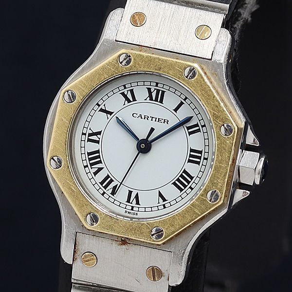 1円 稼動 良品 AT カルティエ サントス オクタゴンSM 白文字盤 レディース腕時計 OKZ 0078210 2MGT_画像1