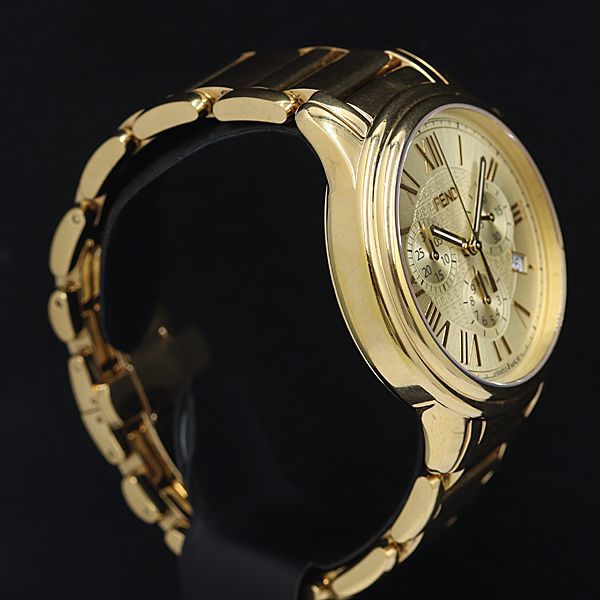 1円 稼働 良品フェンディ ズッカ 002-25200G-622 QZ ゴールド文字盤 クロノグラフ デイト 2ANT メンズ腕時計 OGH 2950200_画像2